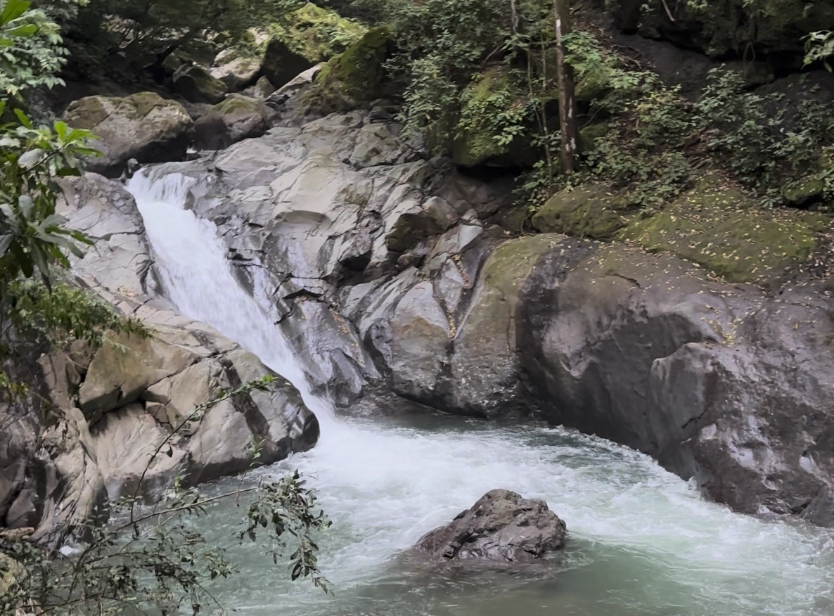 Las Minas Waterfall cascading over grey boulders into a turquoise natural pool in the Atenas rainforest, Costa Rica